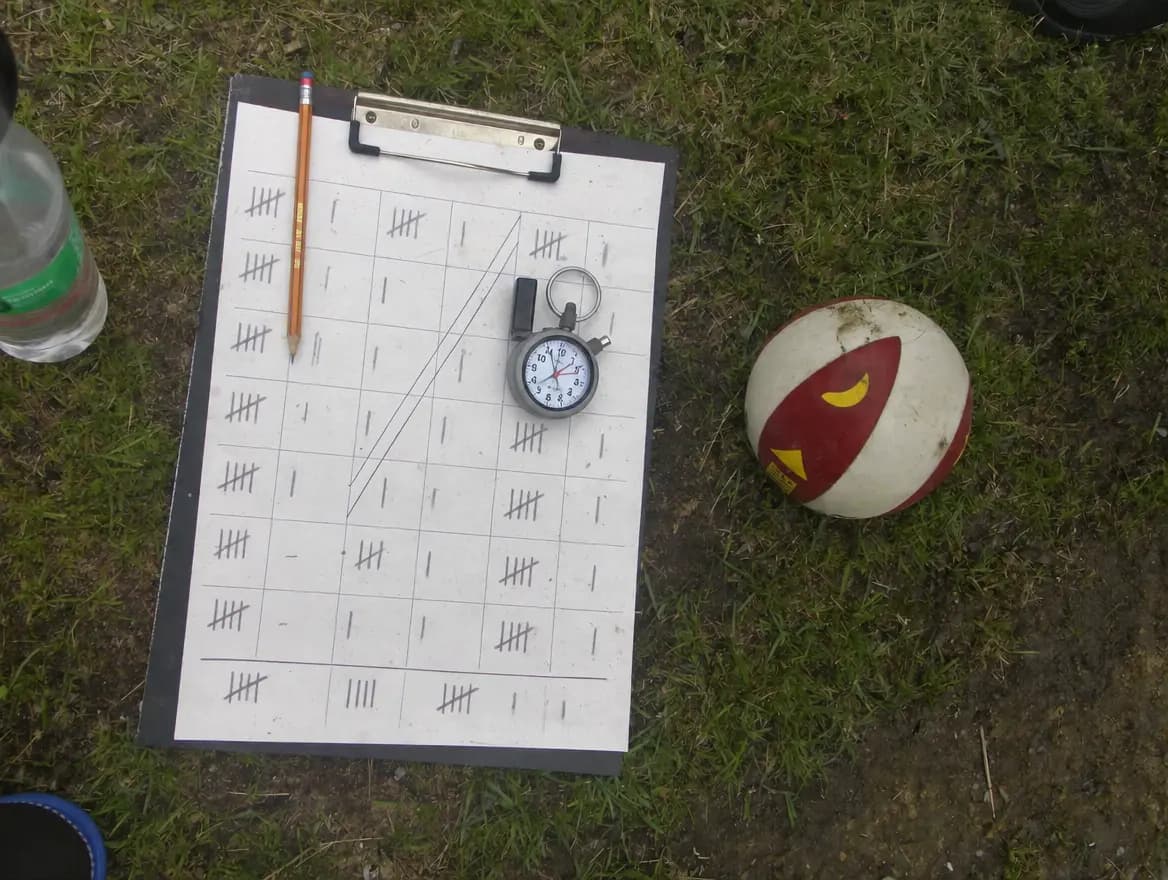 Une planchette avec une feuille de stats remplie au crayon, posée sur l'herbe à côté du ballon