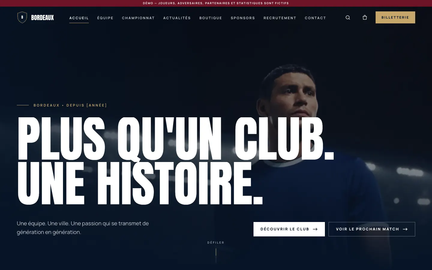 Page d'accueil du template Kodo Elite : « Plus qu'un club. Une histoire. »