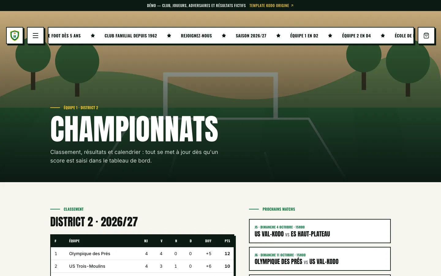 Championnats : classement, calendrier, résultats